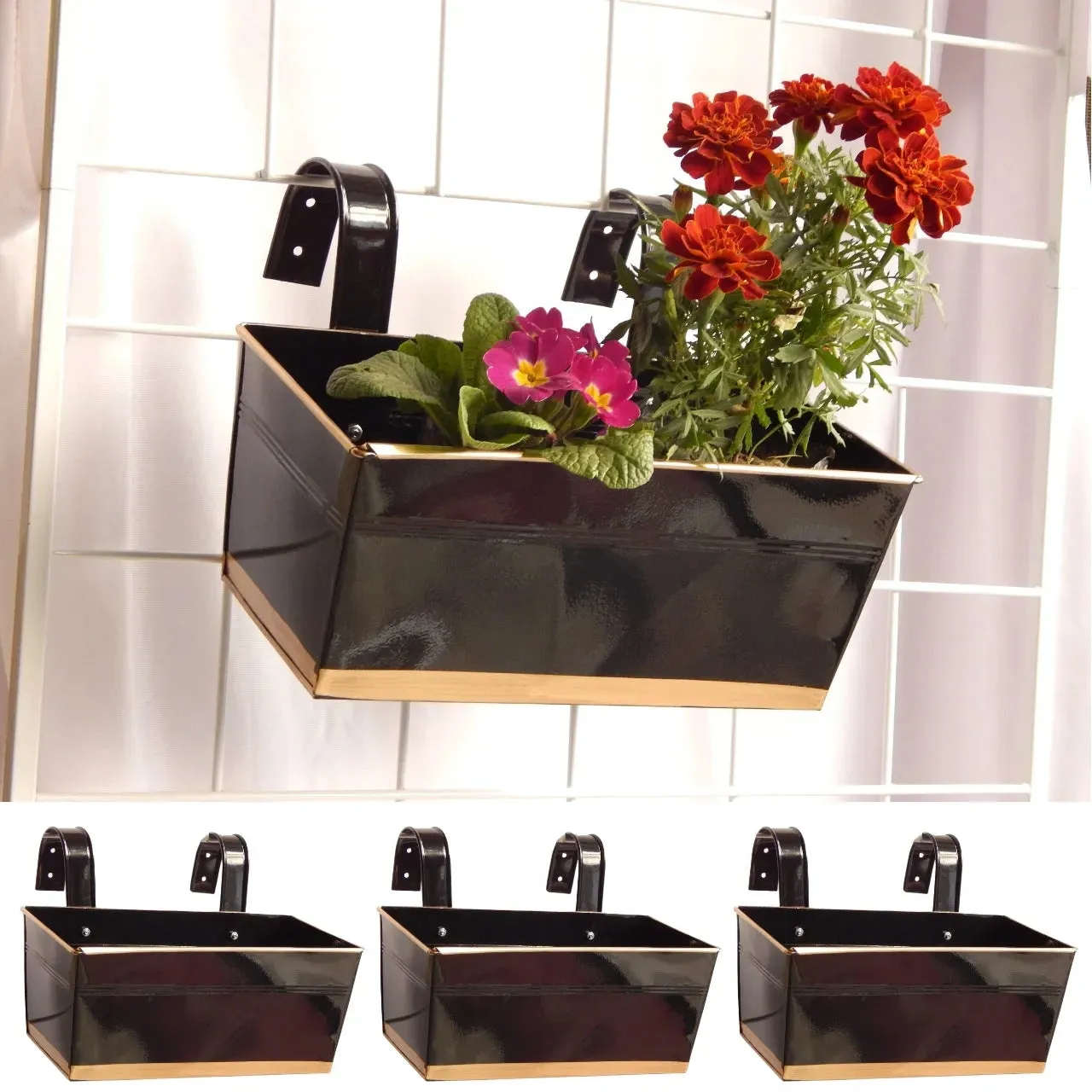 Arractive Metal Design Rectangle Balcony Hanging Planters Flowers Not Included | Set Of 3