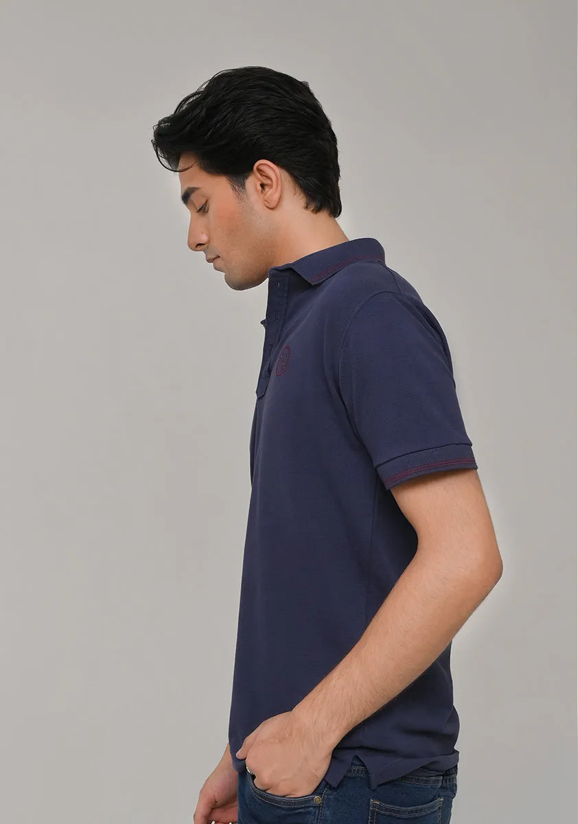 Basic Polo Blue Knitted Collar T-Shirt