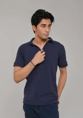 Basic Polo Blue Knitted Collar T-Shirt