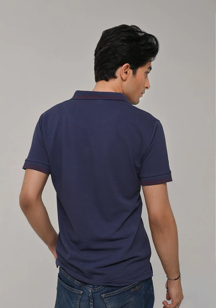 Basic Polo Blue Knitted Collar T-Shirt