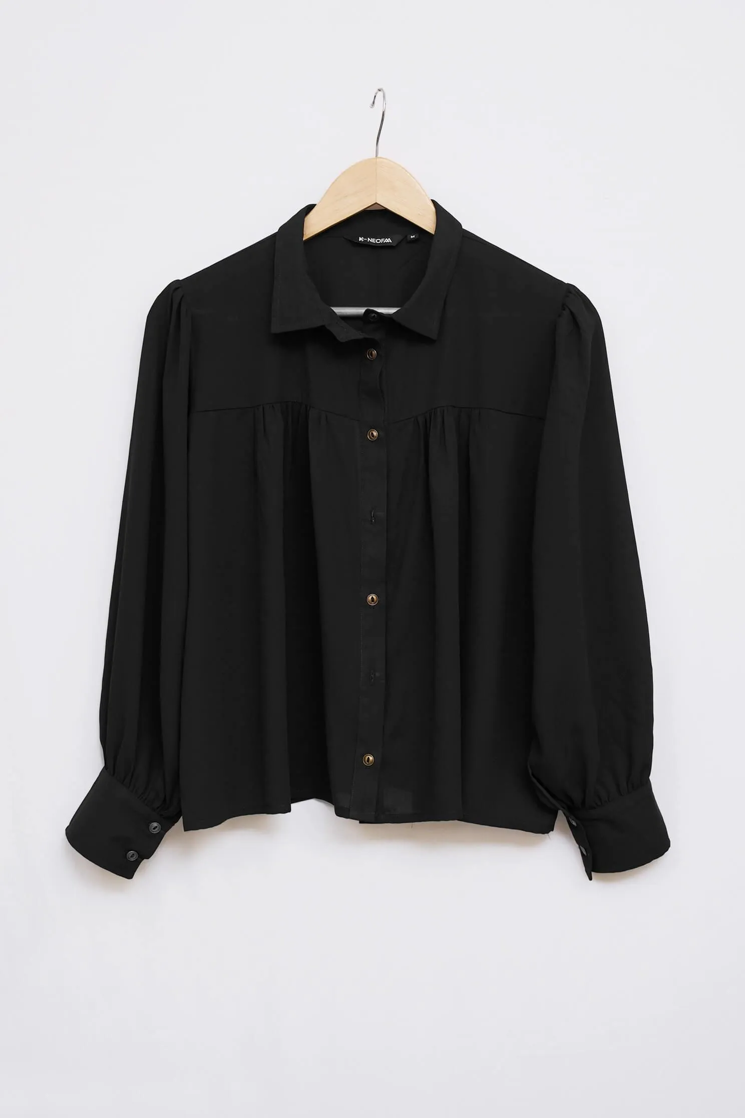 Black Front Gathered Detail Casual Shirt