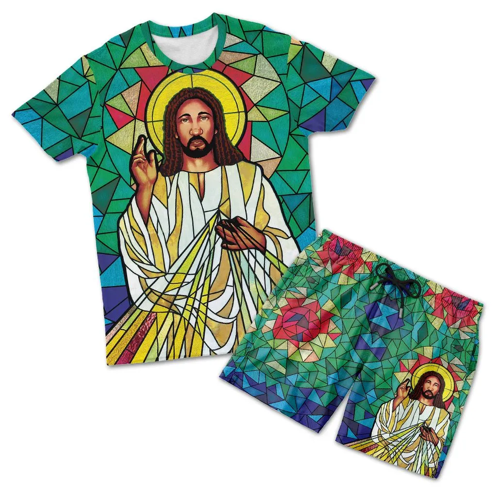 Black Jesus On The Stained Glass T-shirt and Shorts Set