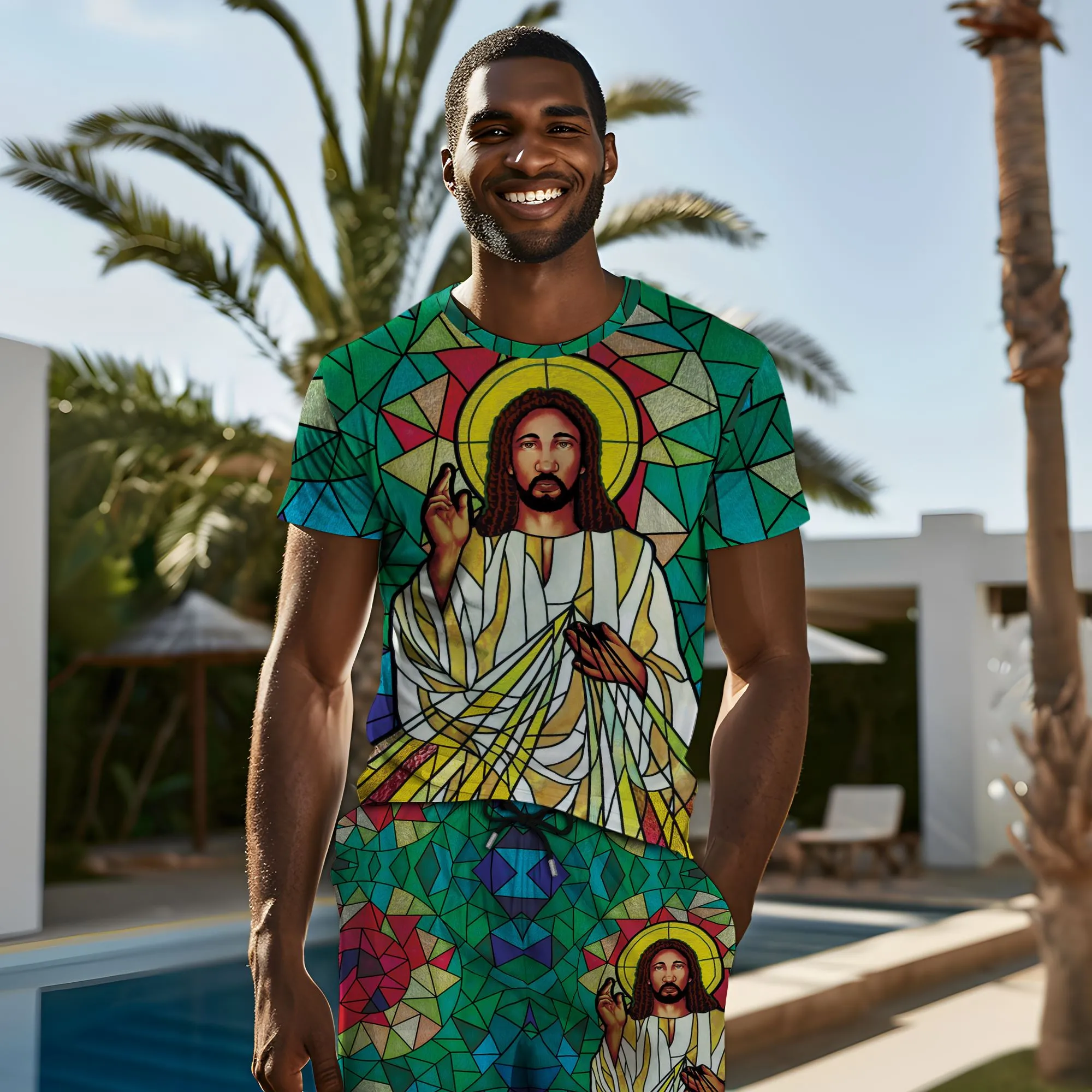 Black Jesus On The Stained Glass T-shirt and Shorts Set