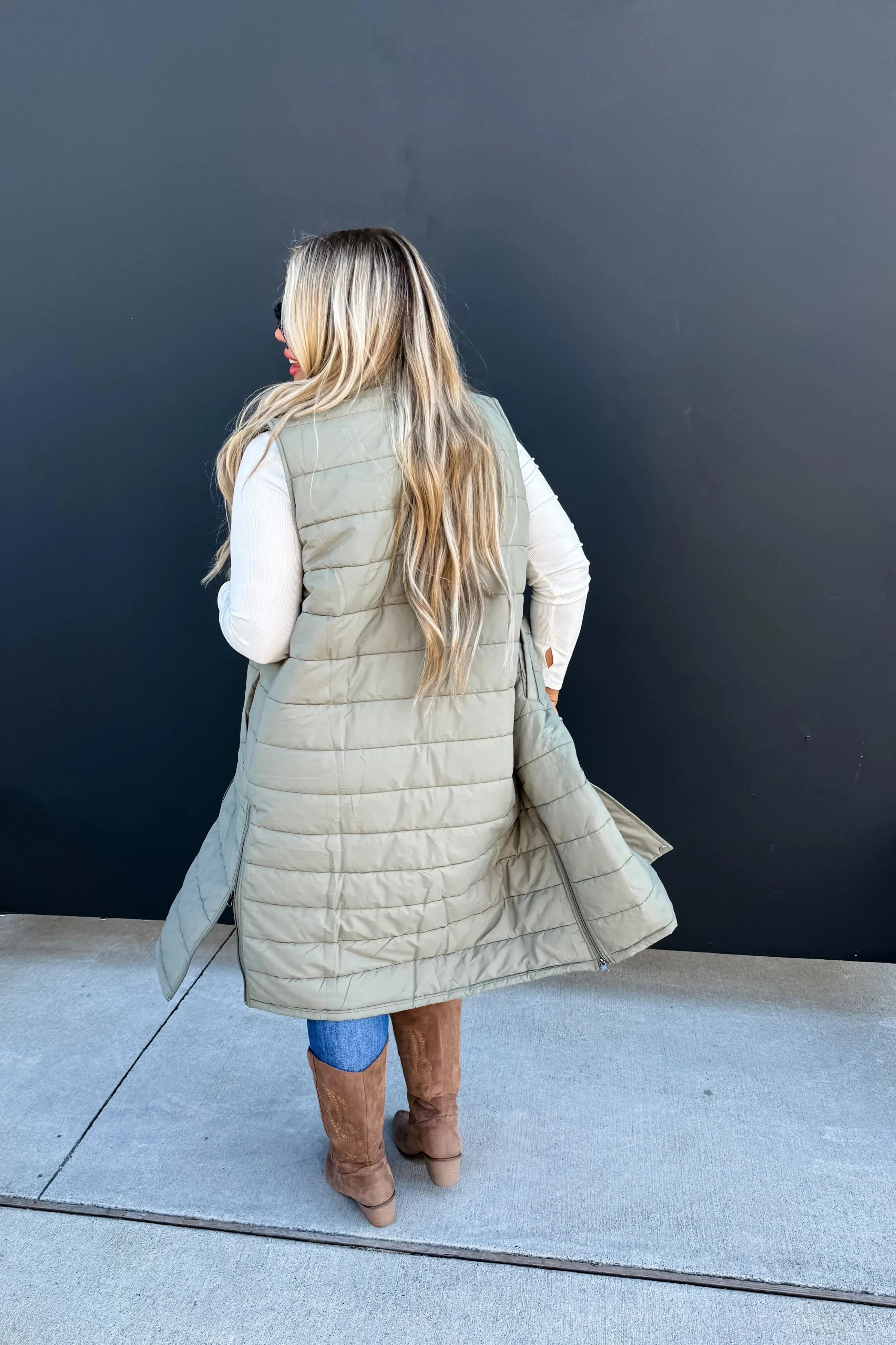 Broken Heart Long Puffer Vest - Olive