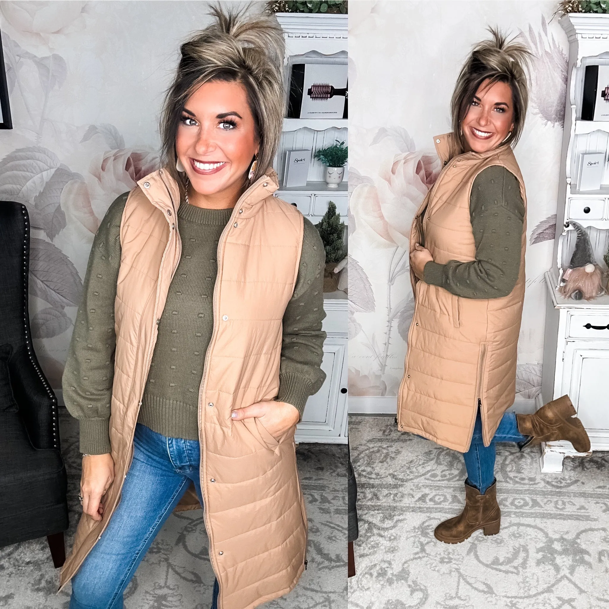 Broken Heart Long Puffer Vest - Tan