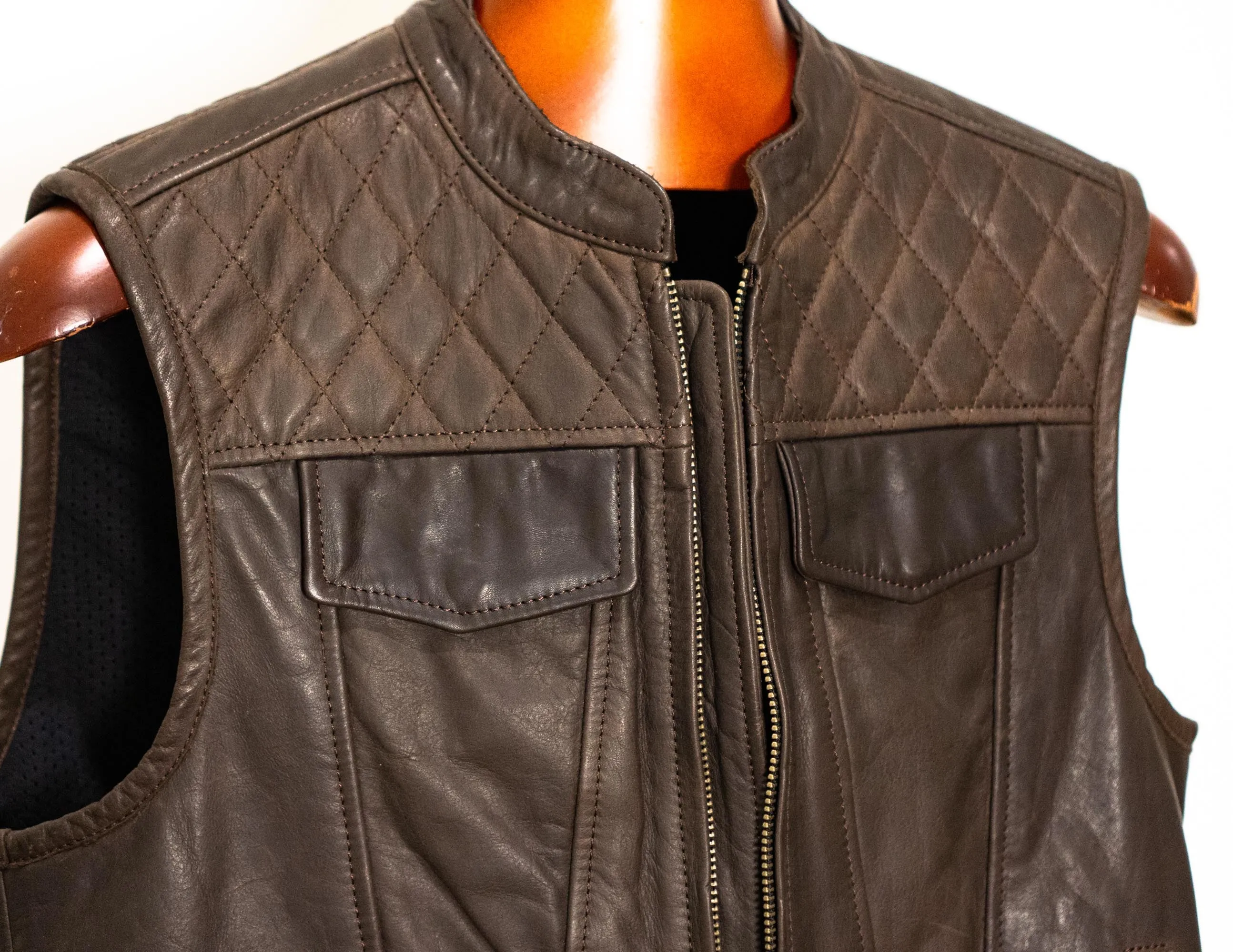 Brown Leather Vest, Motorcycle Vest Diamond Stitched | HandCrafted