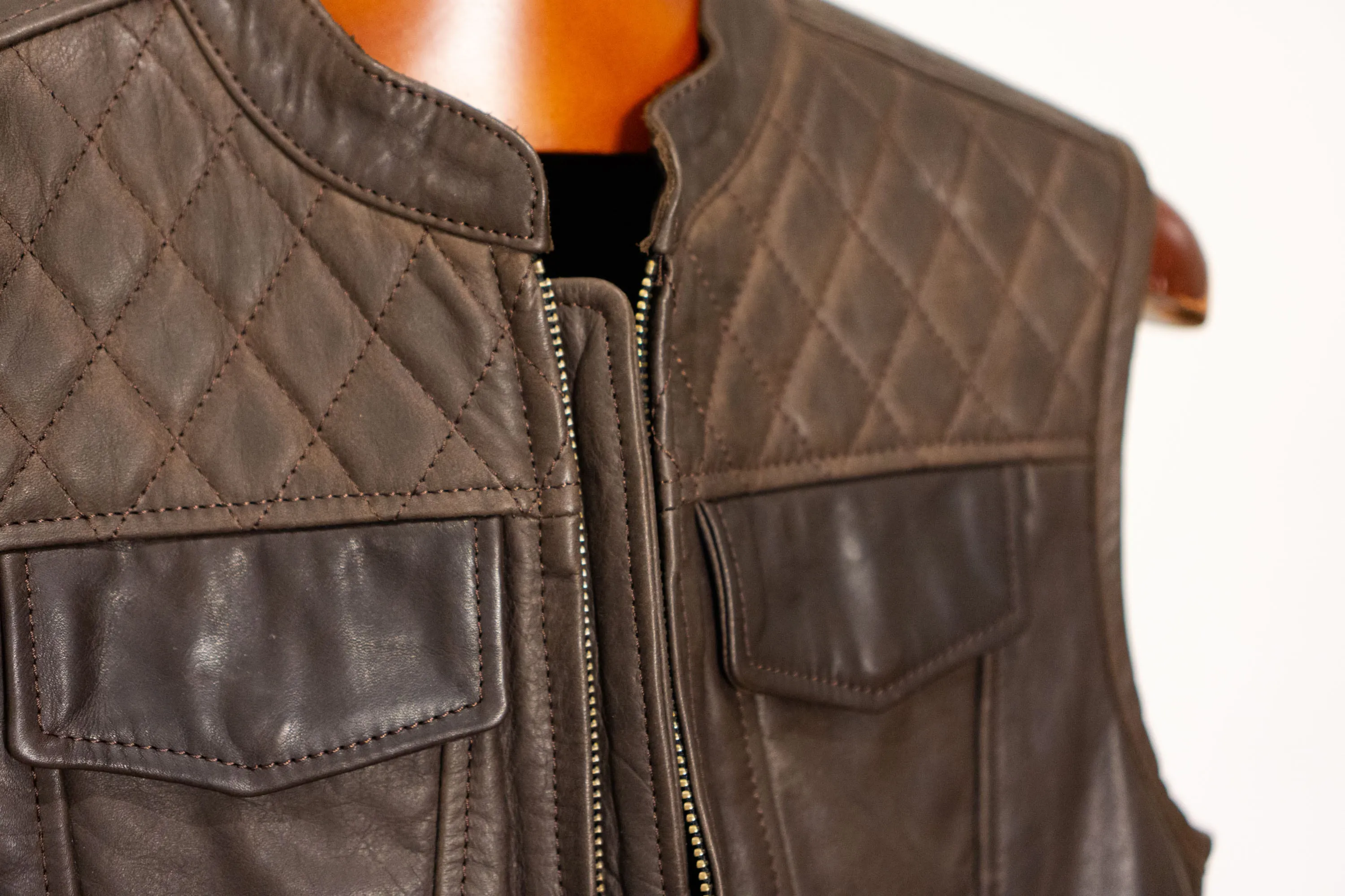 Brown Leather Vest, Motorcycle Vest Diamond Stitched | HandCrafted