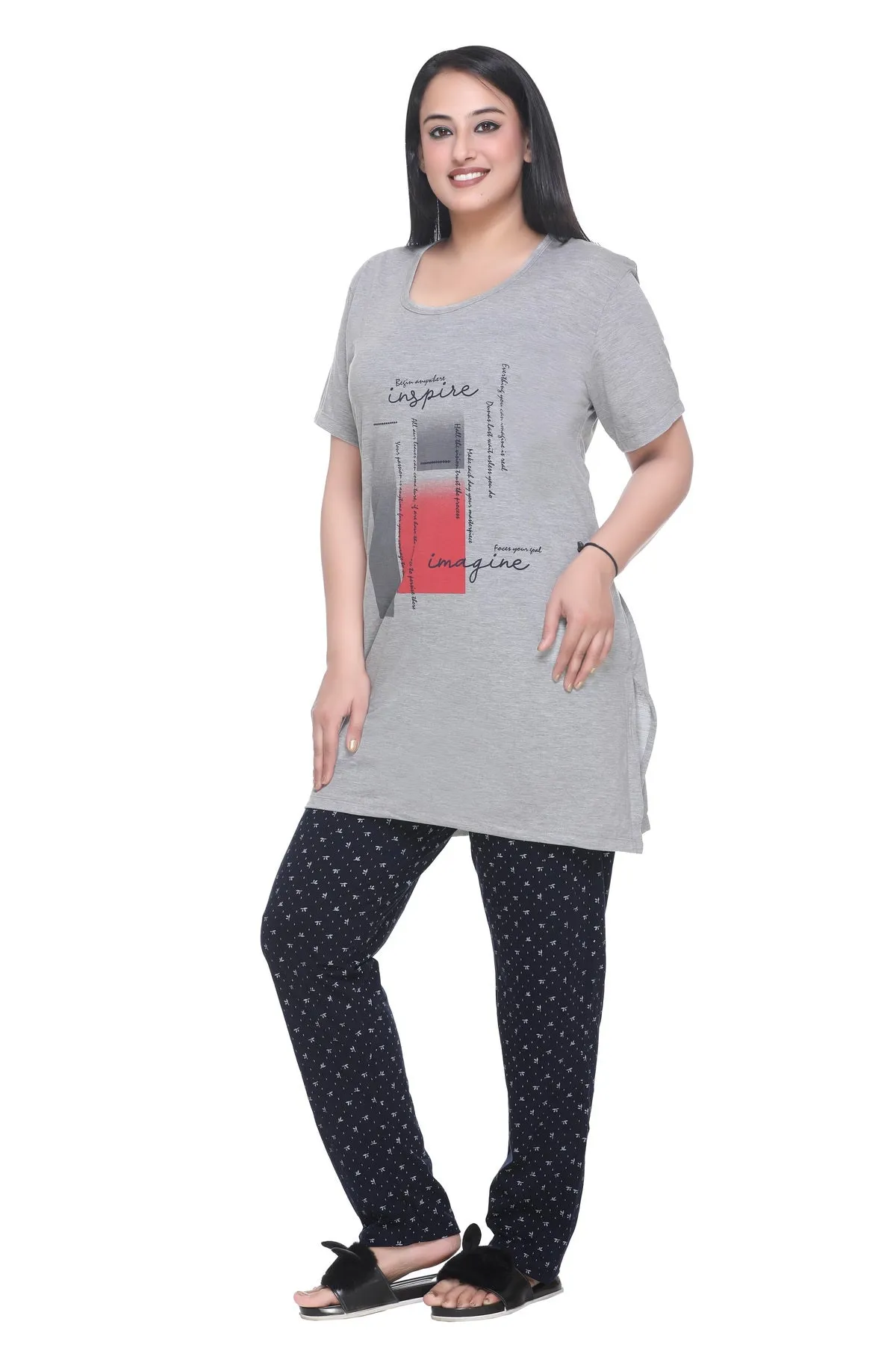 Cotton Nightsuit For Women - Long Top & Pyjama Set -Grey/Black