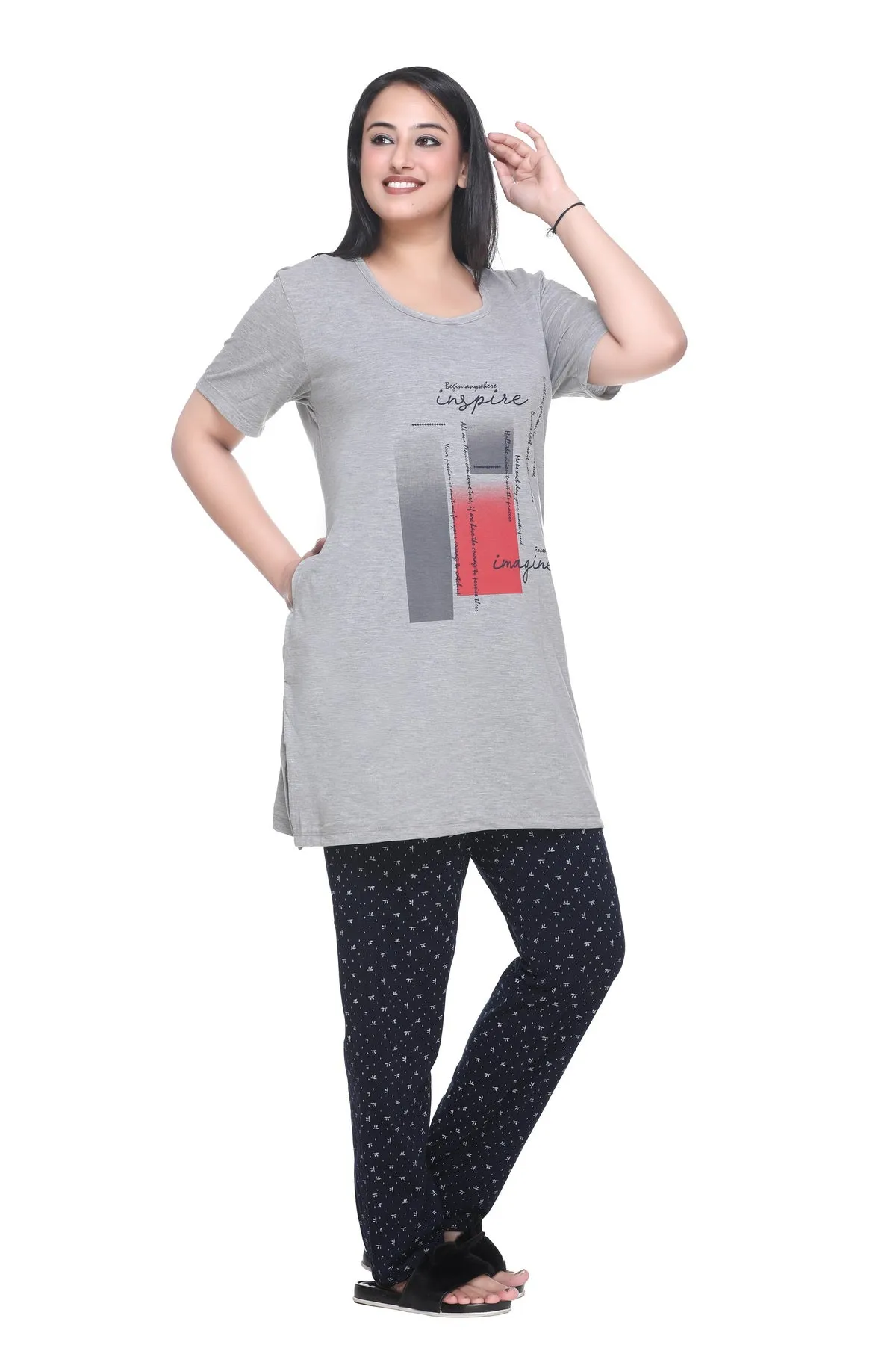 Cotton Nightsuit For Women - Long Top & Pyjama Set -Grey/Black