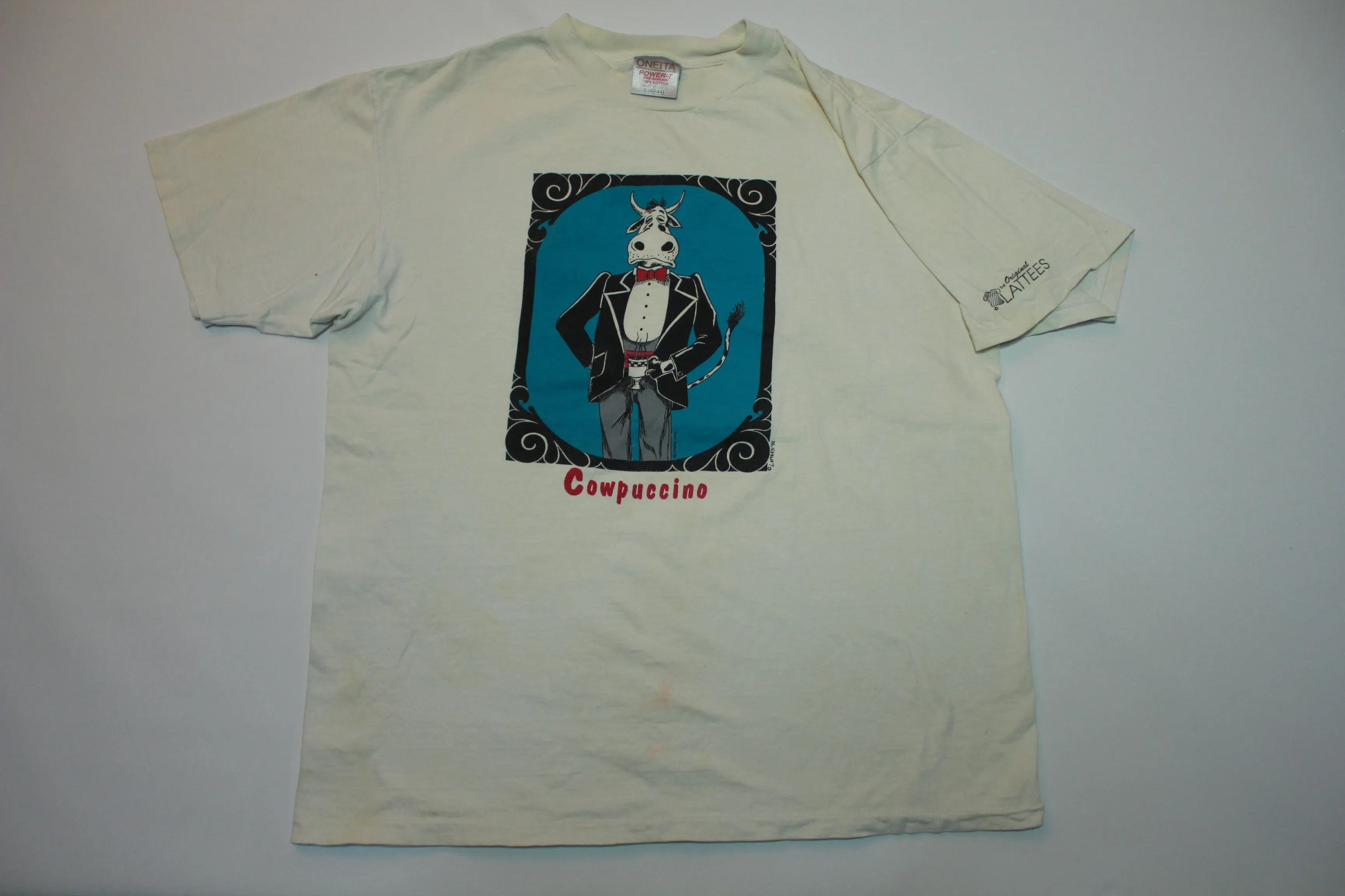 Cowpuccino Vintage 90's Lattees 1993 Oneita Made in USA Single Stitch Coffee T-Shirt