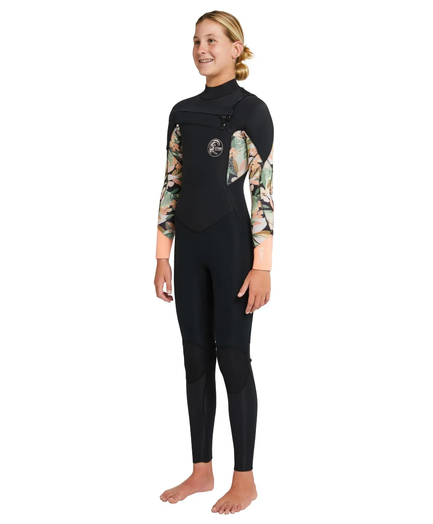 Girl's Bahia 4/3mm Steamer Chest Zip Wetsuit - Black Wild Papaya