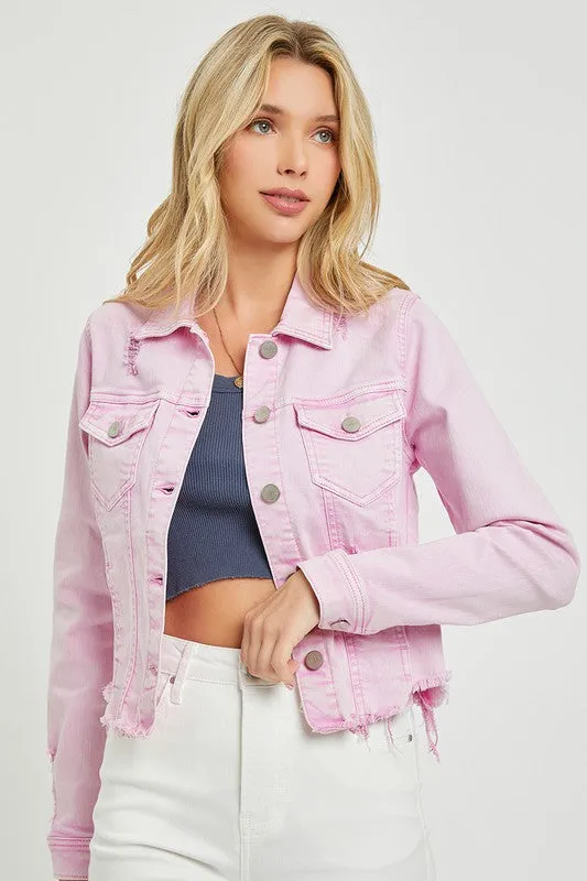 Make Me Happy Fray Hem Color Jean Jacket - Acid Pink