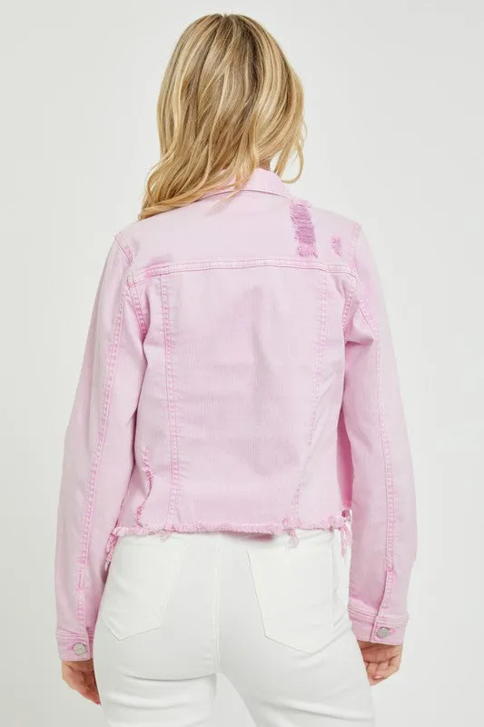 Make Me Happy Fray Hem Color Jean Jacket - Acid Pink