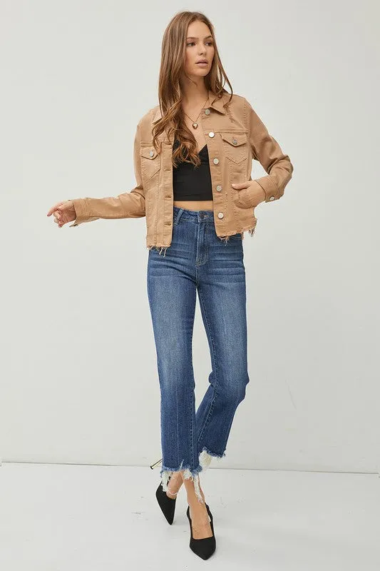 Make Me Happy Fray Hem Color Jean Jacket - Mocha