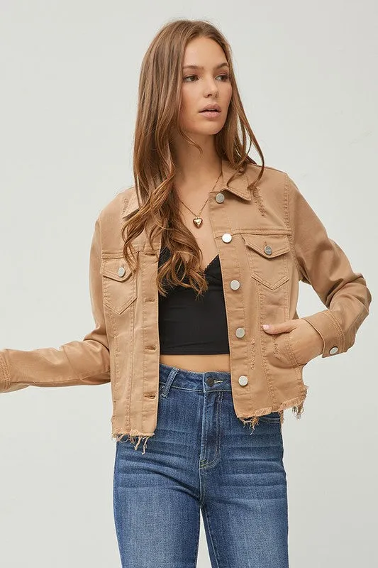 Make Me Happy Fray Hem Color Jean Jacket - Mocha