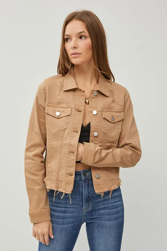 Make Me Happy Fray Hem Color Jean Jacket - Mocha