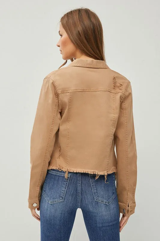 Make Me Happy Fray Hem Color Jean Jacket - Mocha