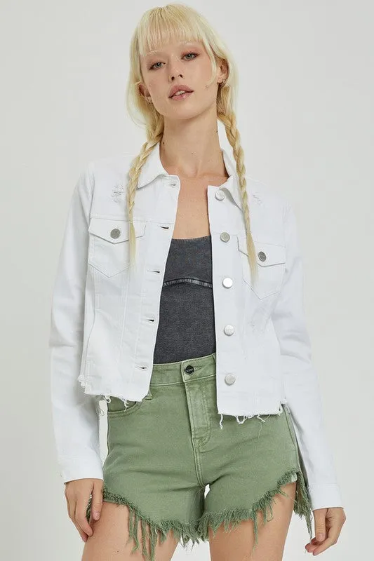 Make Me Happy Fray Hem Color Jean Jacket - White