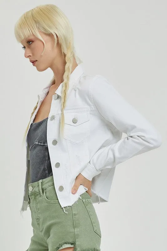 Make Me Happy Fray Hem Color Jean Jacket - White