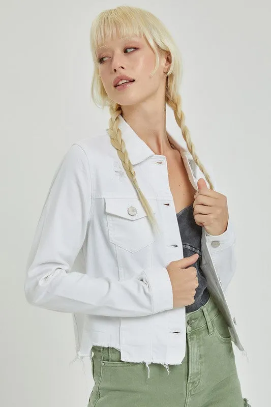 Make Me Happy Fray Hem Color Jean Jacket - White