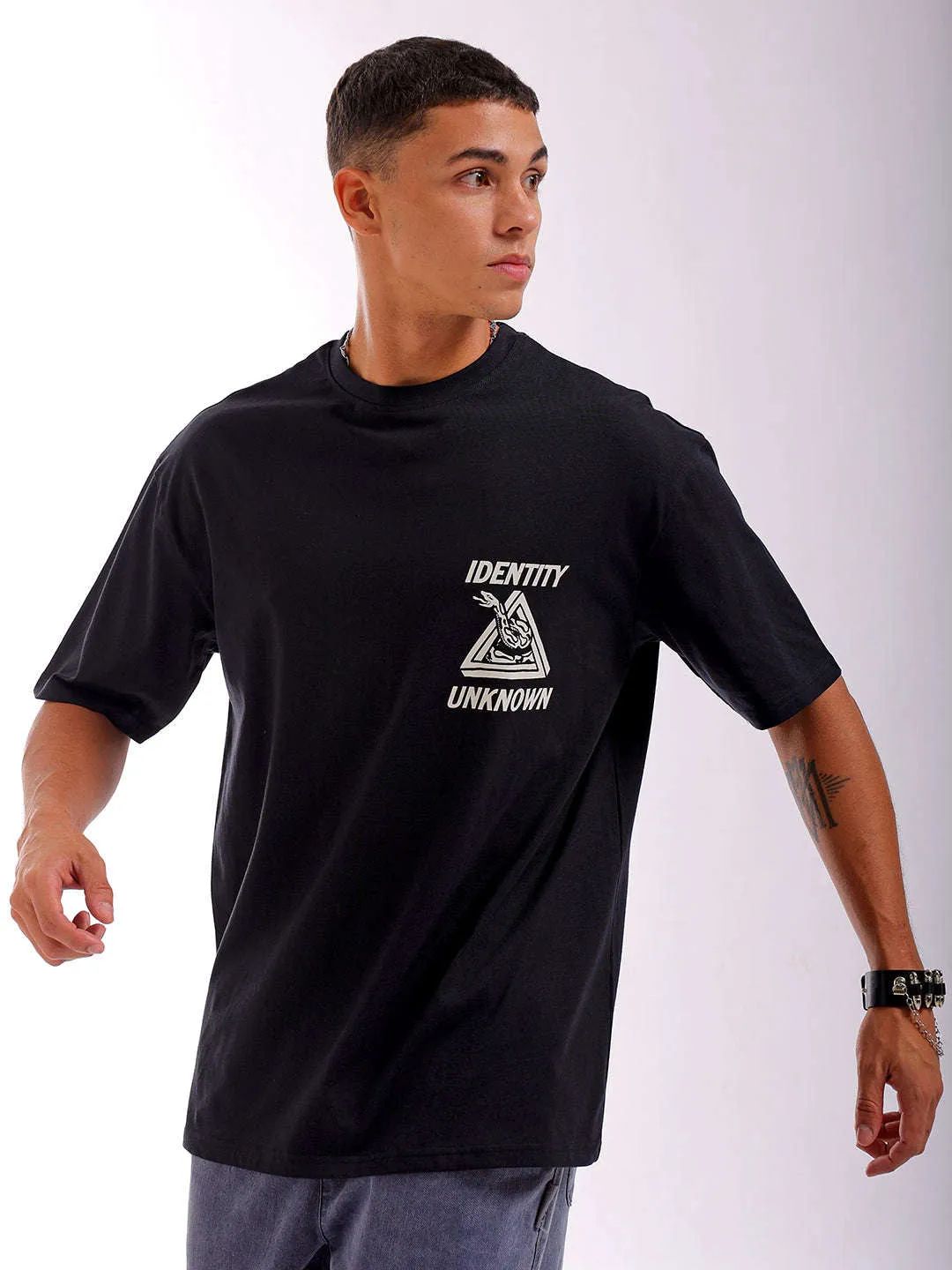 Men Black Oversized Fit Back Printed T-Shirt