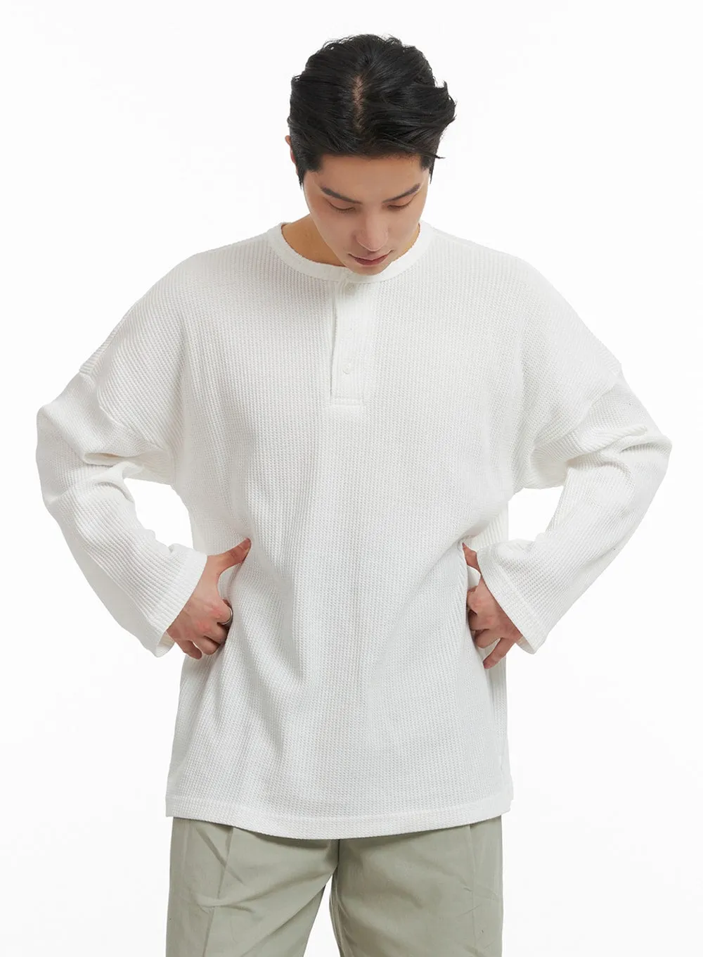 Men's Quarter Button Round Neck Long Sleeve IA401