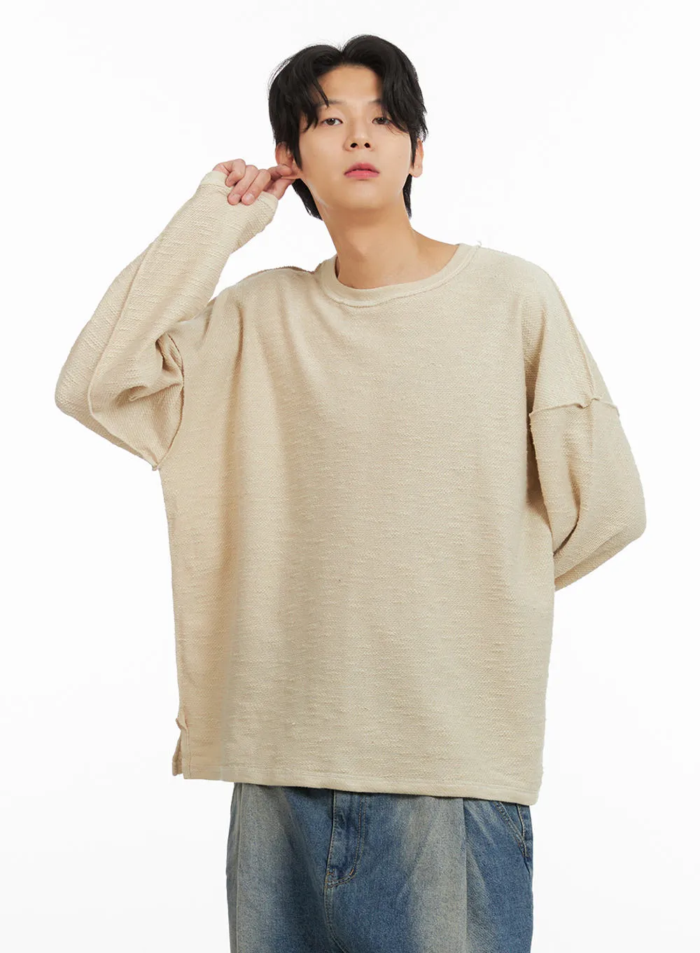 Men's Textured Crew Neck Long Sleeve Top IA402