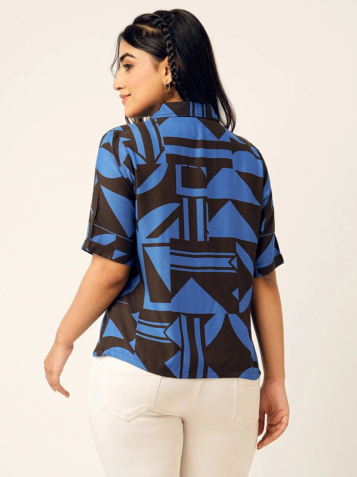 Odette Blue & Black Cotton Printed Shirt For Women