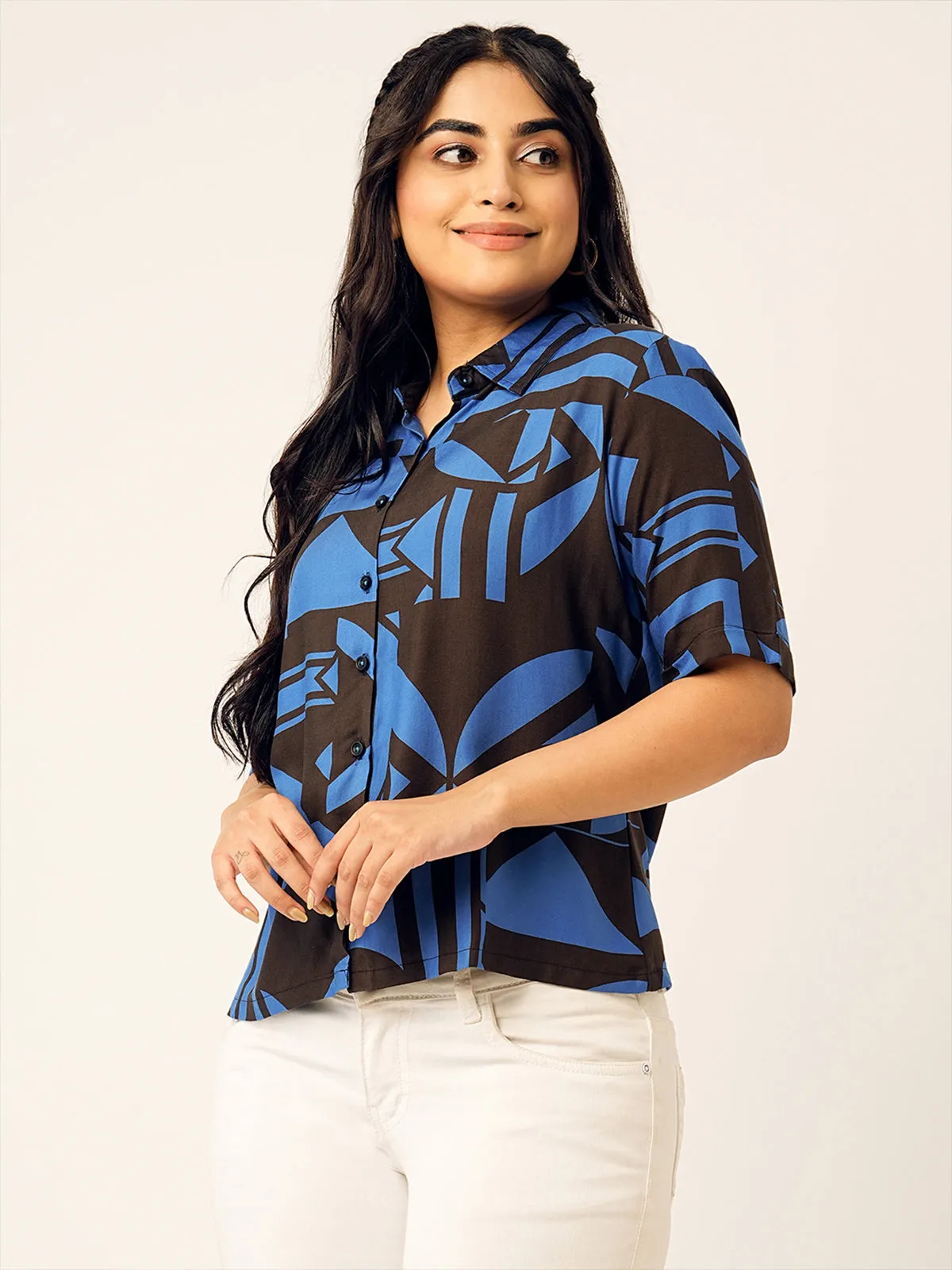 Odette Blue & Black Cotton Printed Shirt For Women