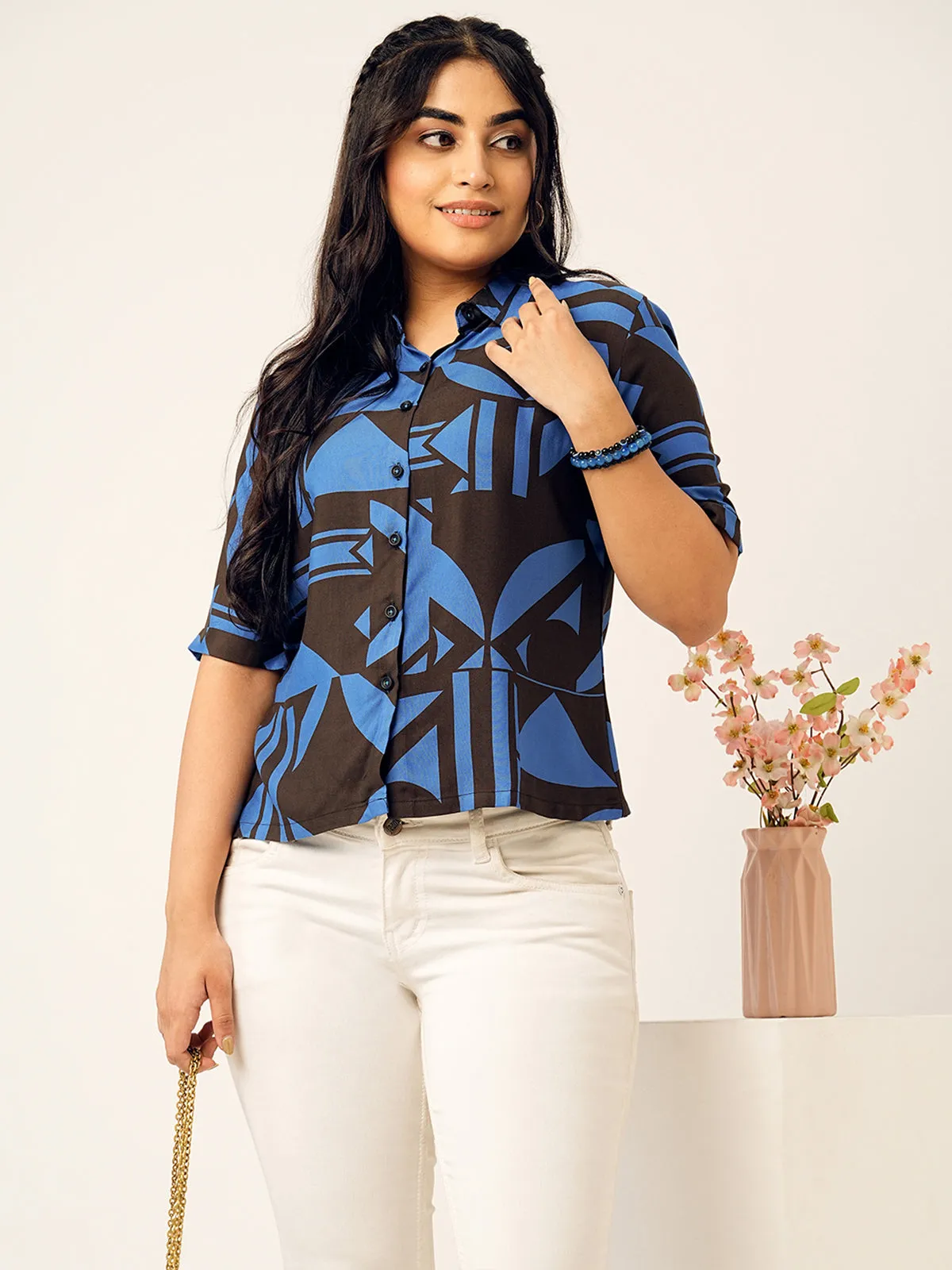 Odette Blue & Black Cotton Printed Shirt For Women