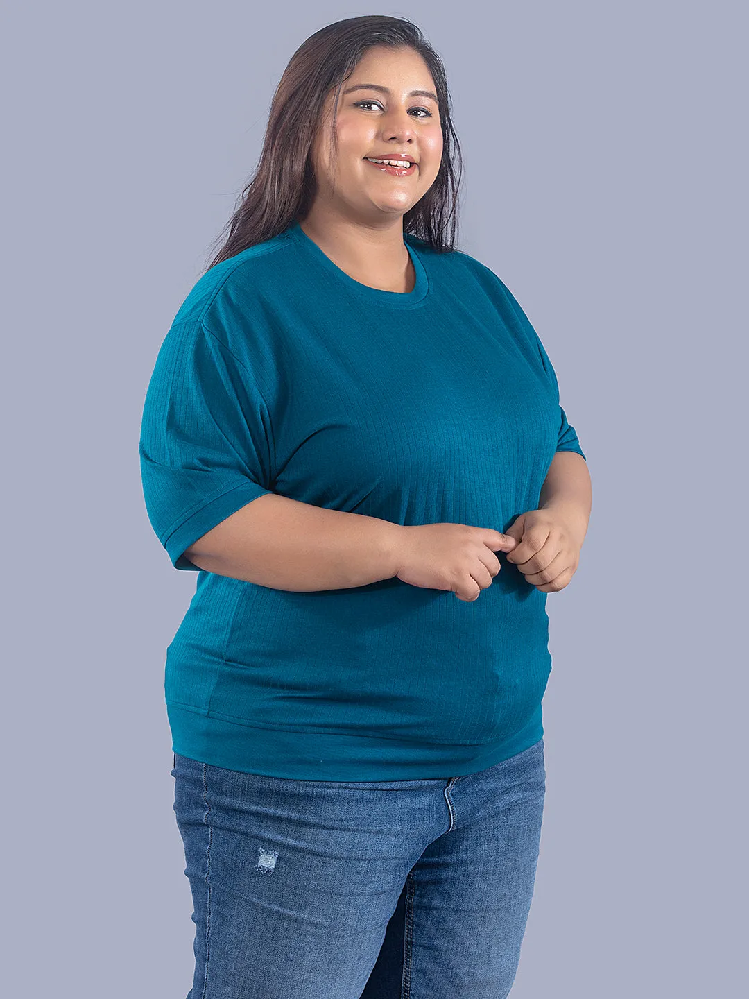 Plus Size Cotton Street Style T-shirts For Summer -Teal Blue