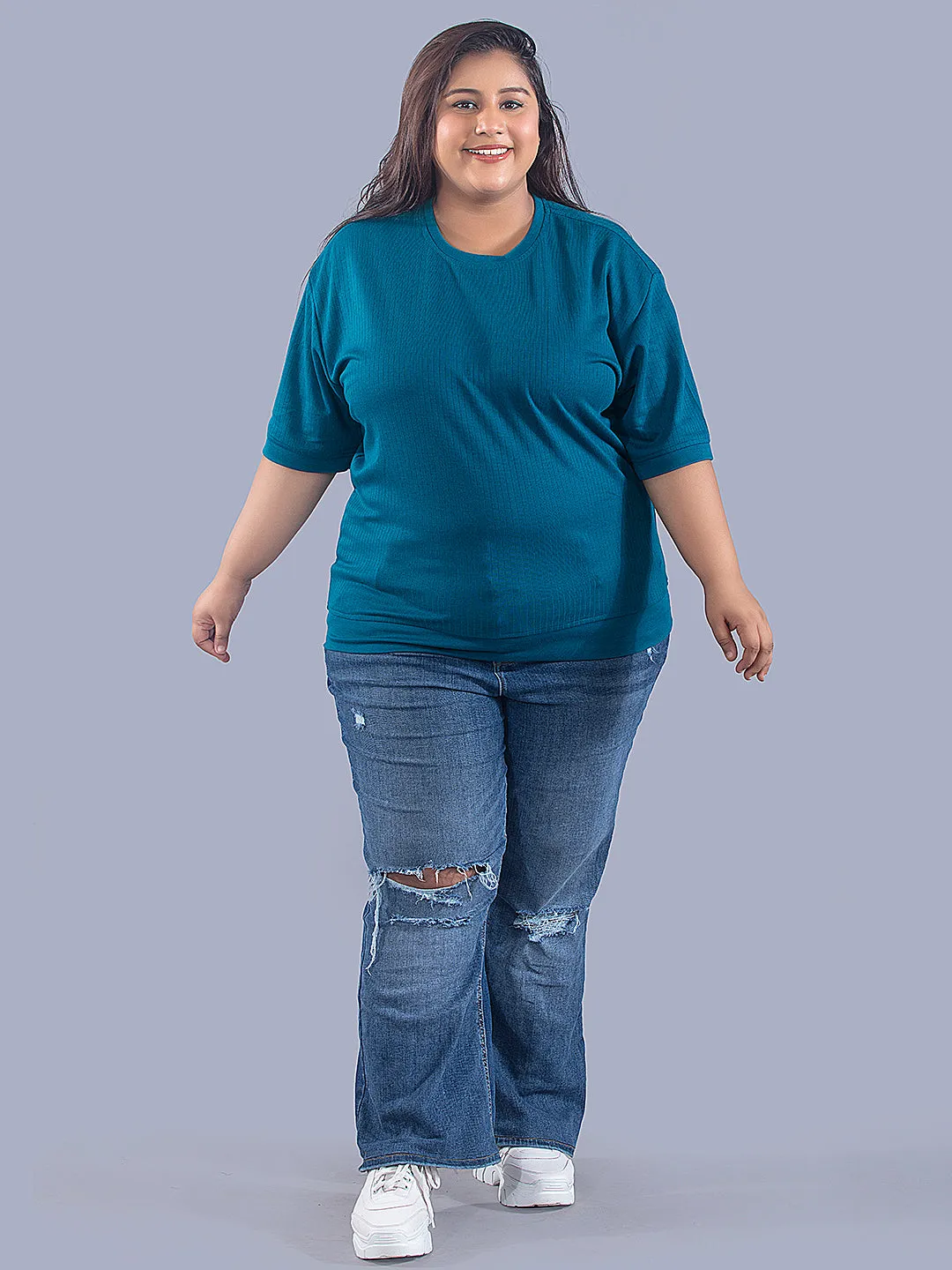 Plus Size Cotton Street Style T-shirts For Summer -Teal Blue