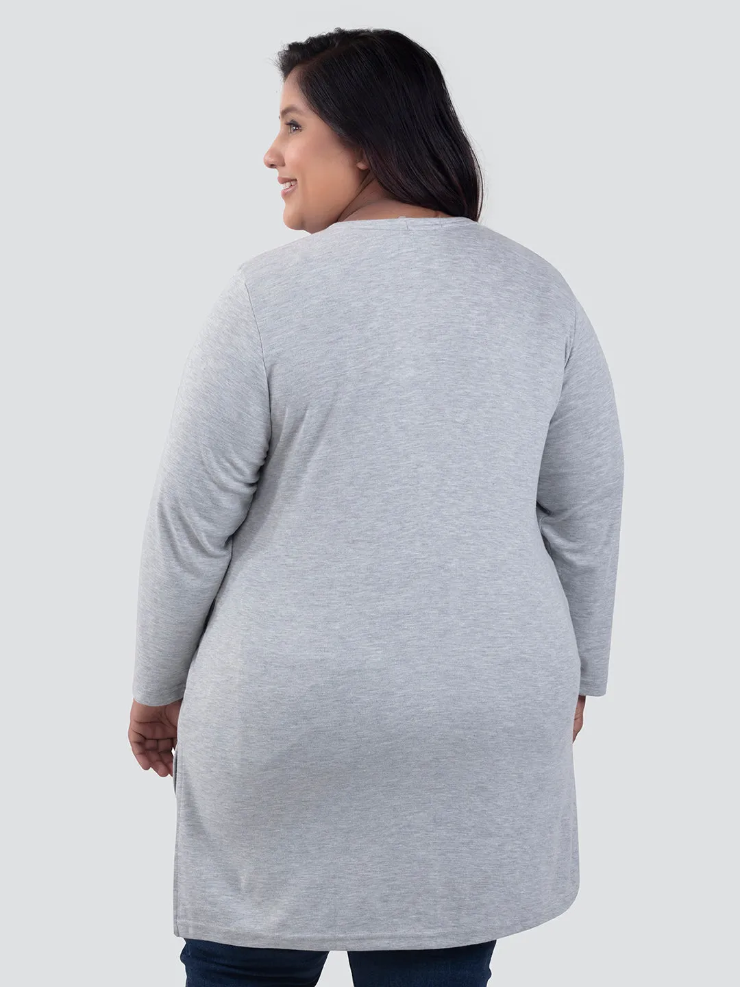 Plus Size Full Sleeves Long Top For Women - Grey