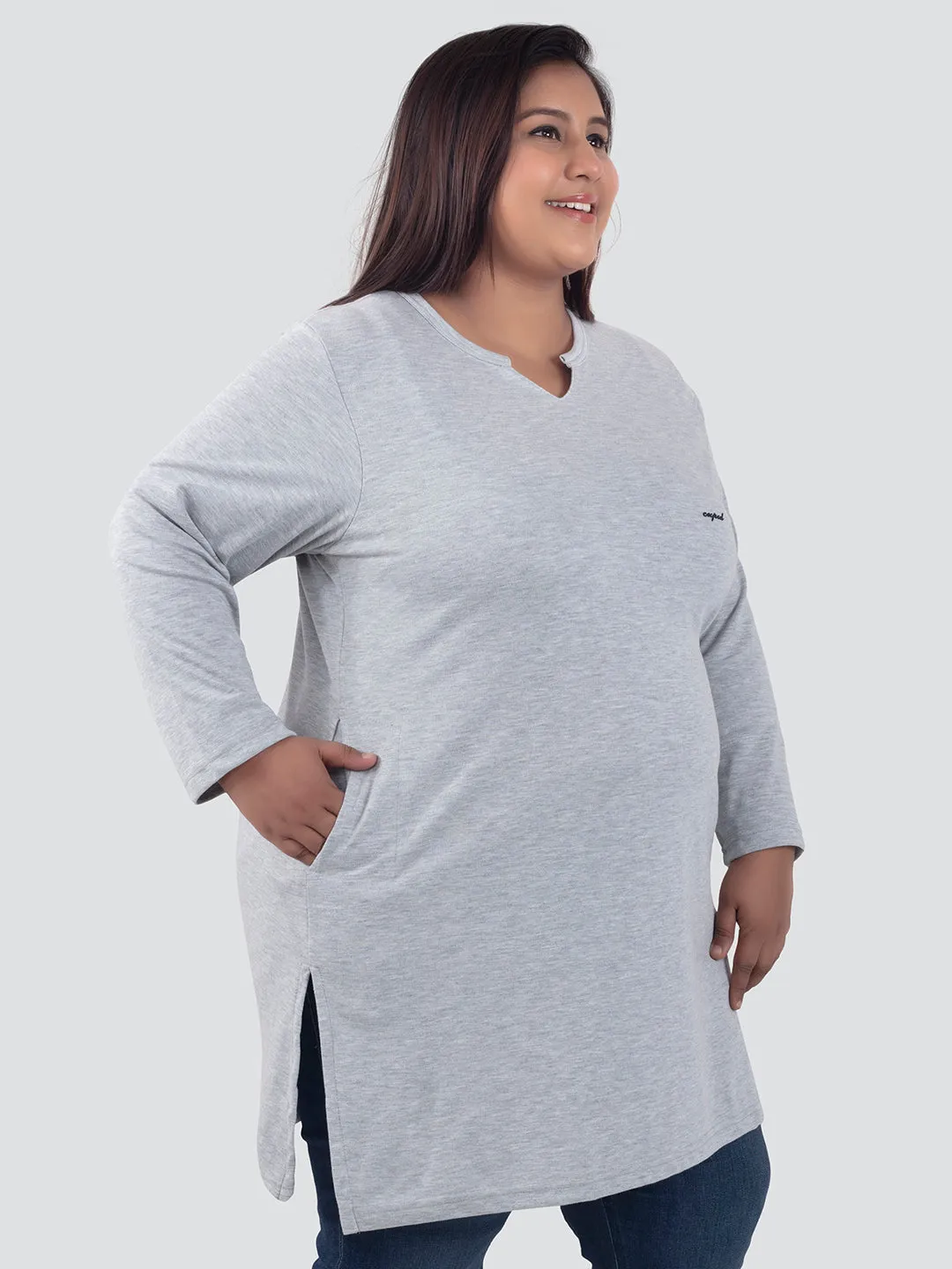 Plus Size Full Sleeves Long Top For Women - Grey