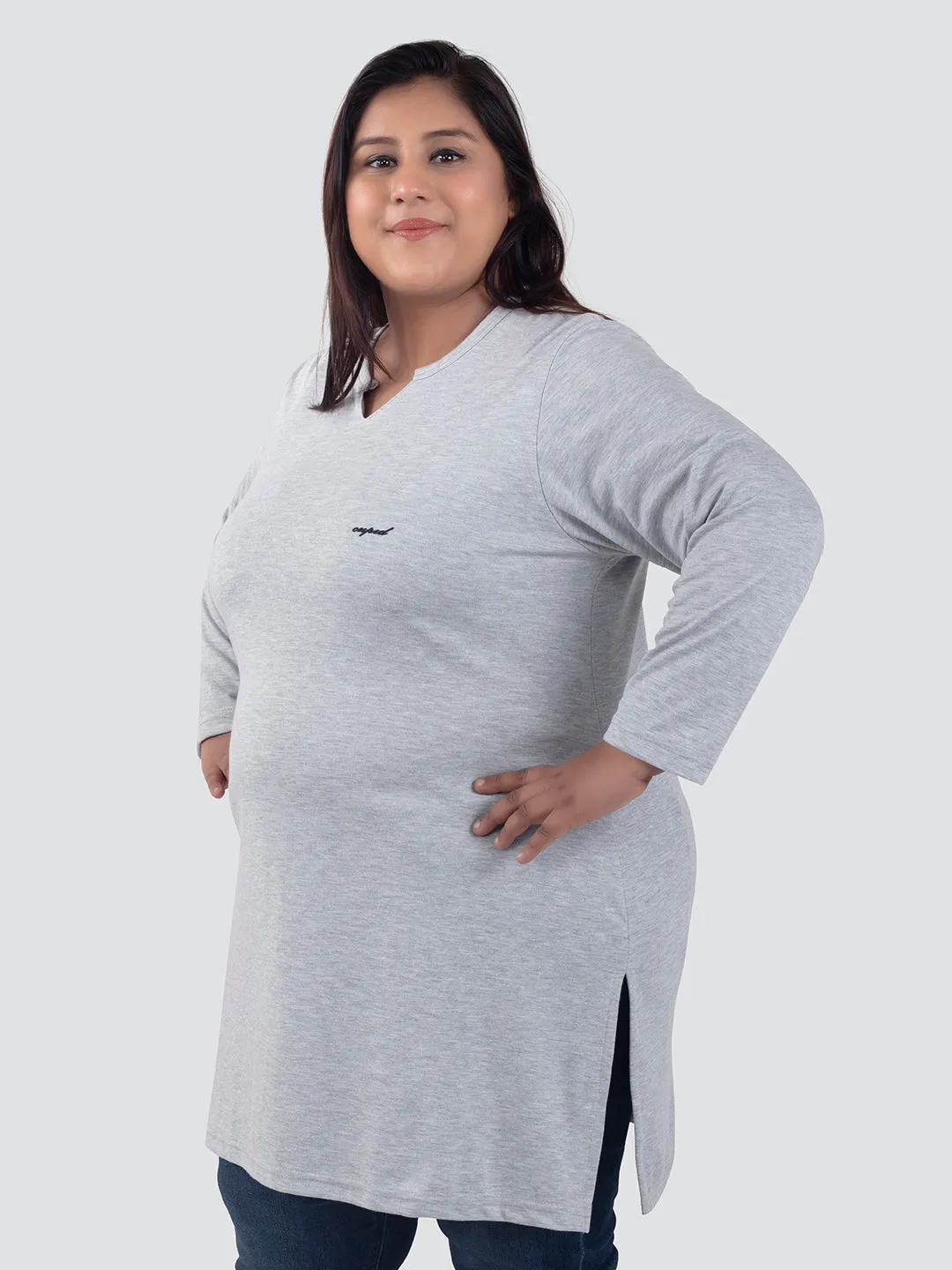 Plus Size Full Sleeves Long Top For Women - Grey