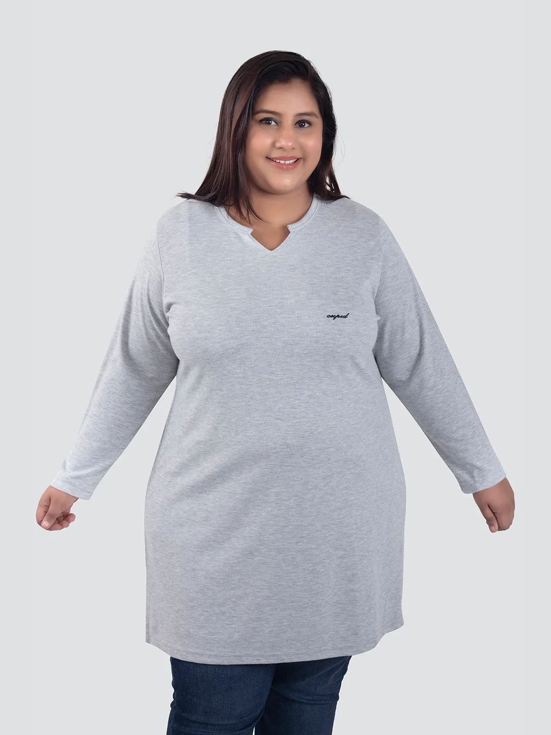 Plus Size Full Sleeves Long Top For Women - Grey