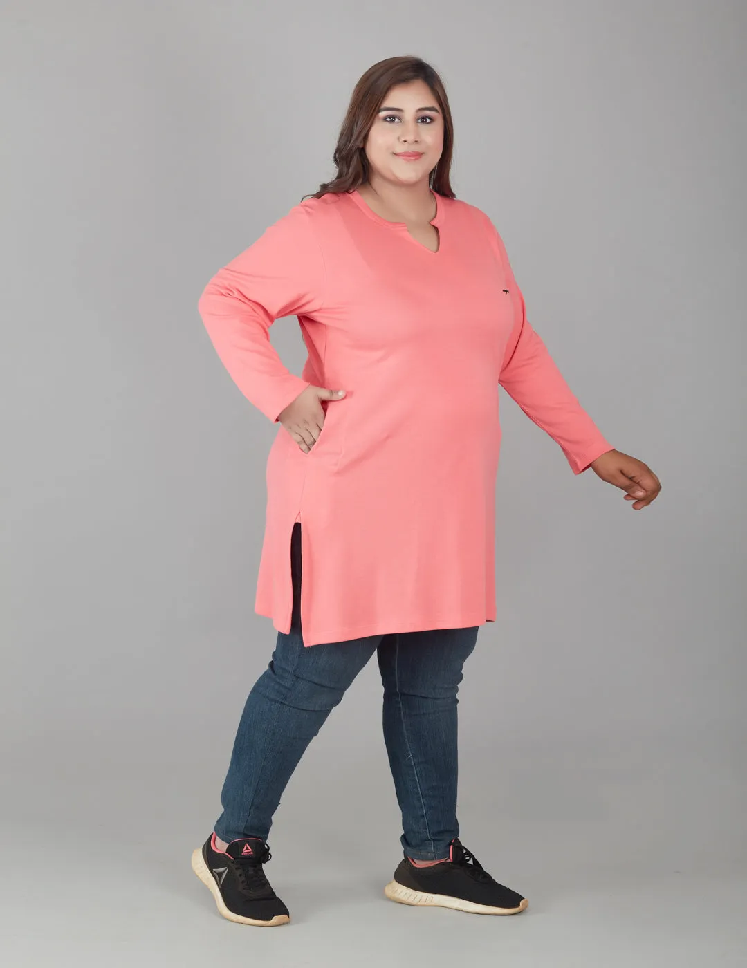 Plus Size Full Sleeves Long Top For Women - Pink