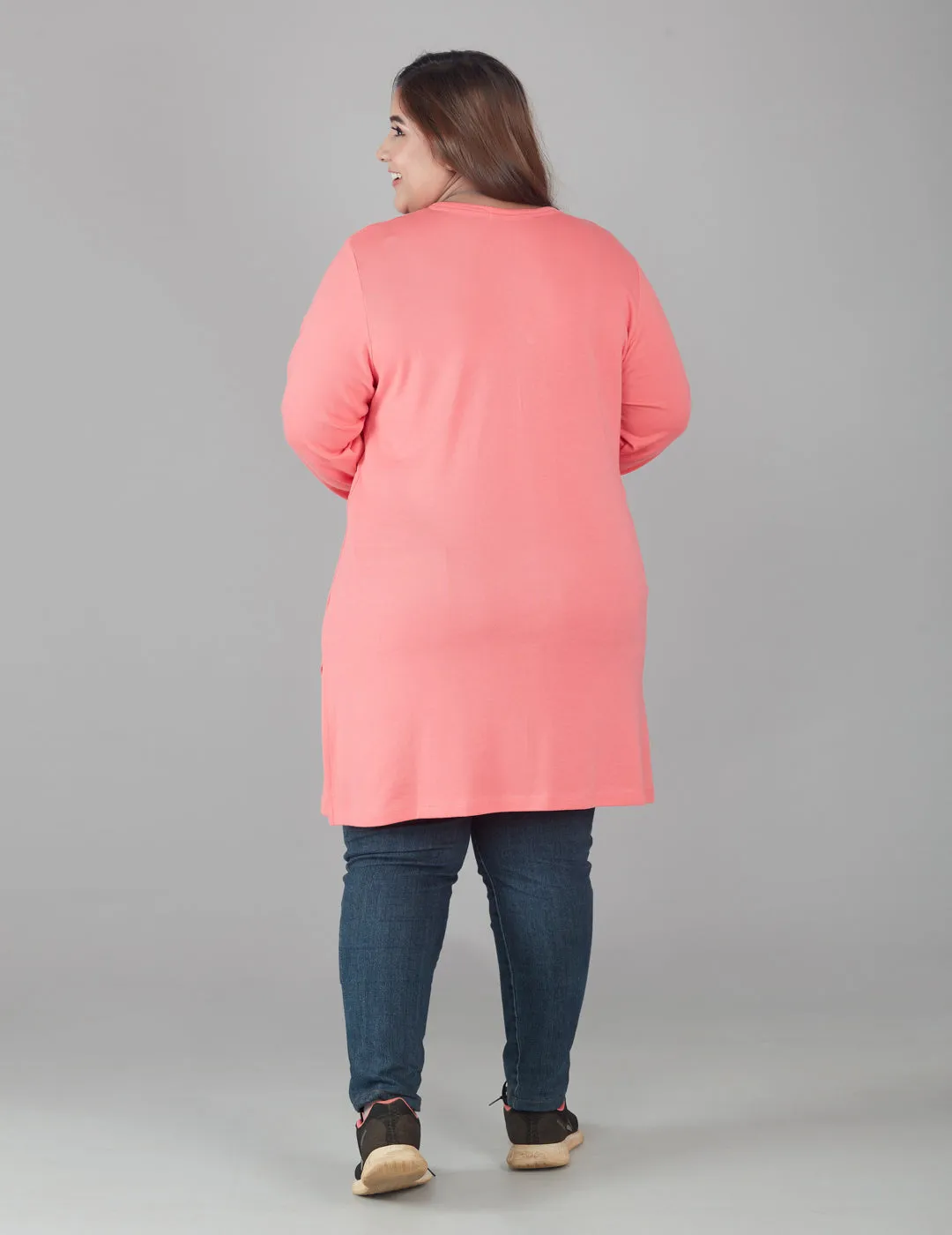 Plus Size Full Sleeves Long Top For Women - Pink