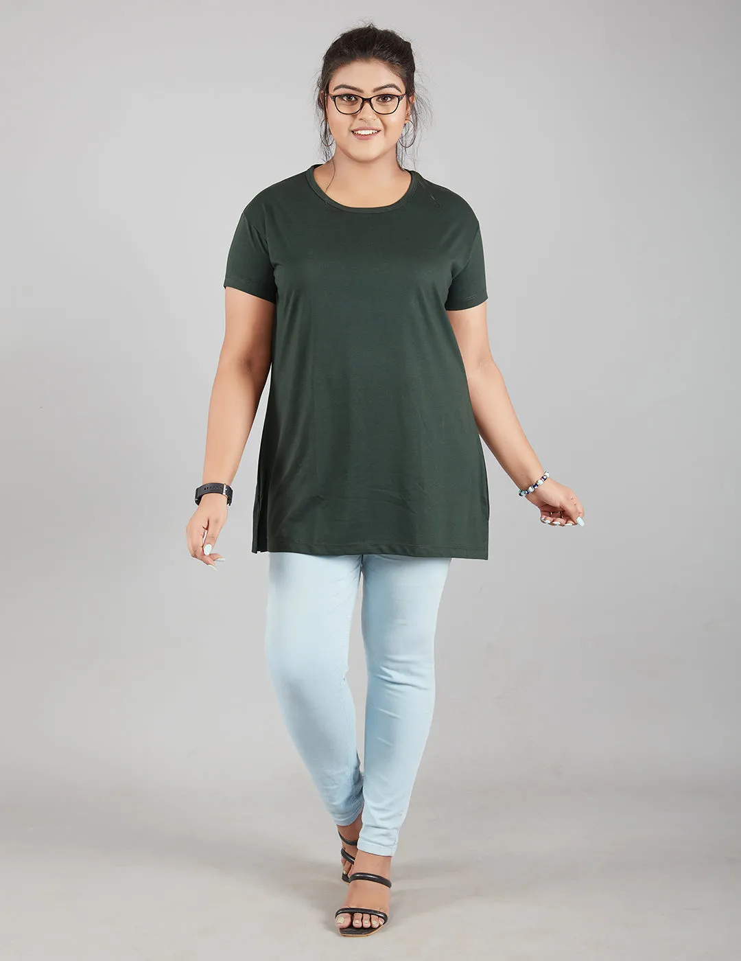 Plus Size Plain Cotton T-Shirt For Women - Bottle Green