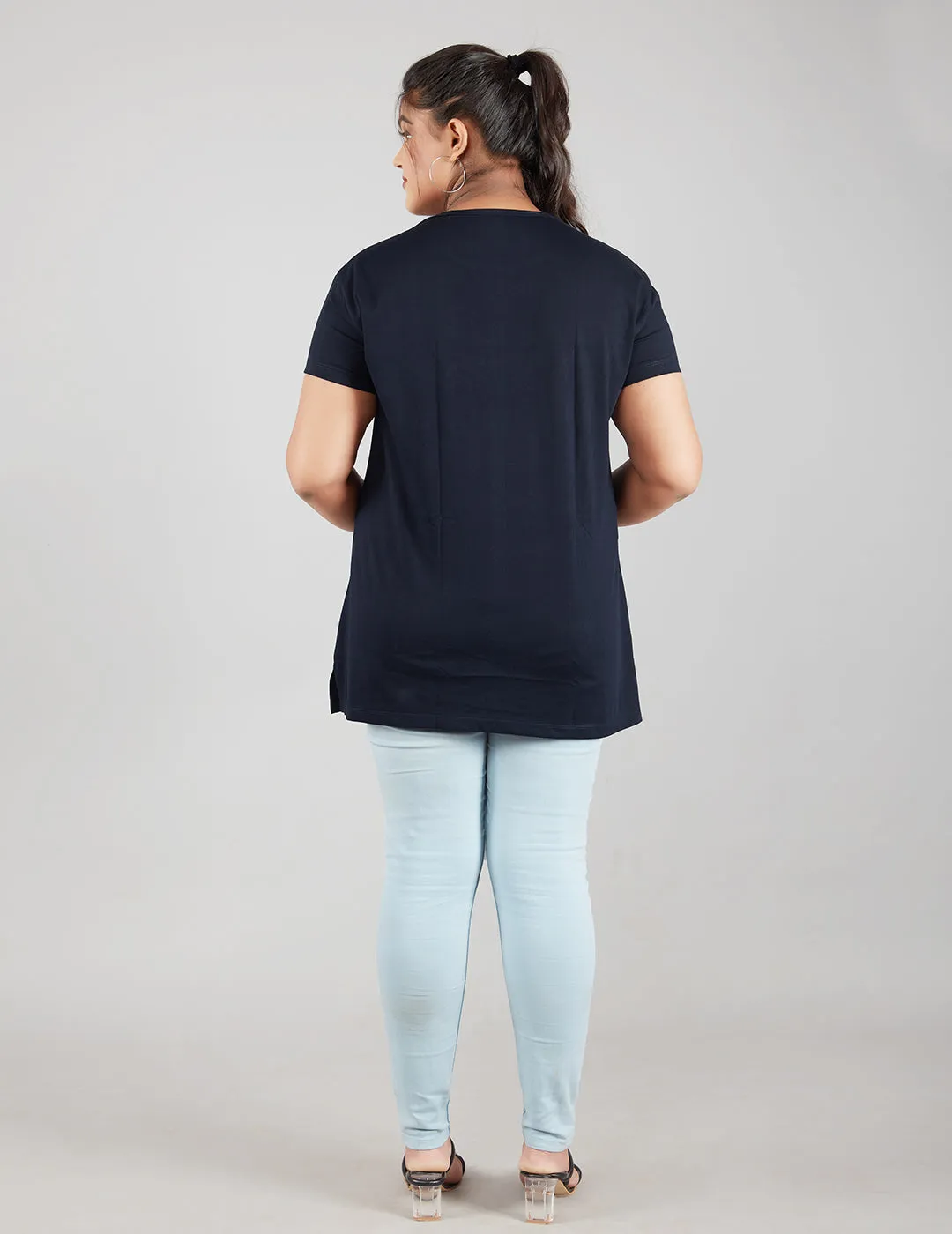 Plus Size Plain Cotton T-Shirt For Women - Navy Blue