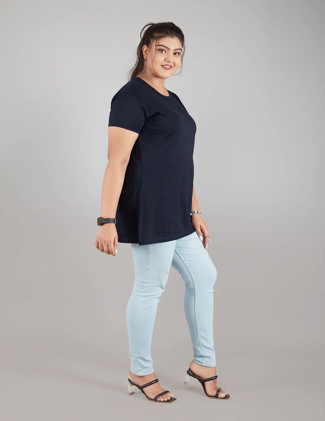 Plus Size Plain Cotton T-Shirt For Women - Navy Blue