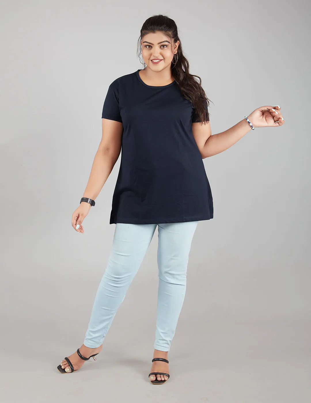 Plus Size Plain Cotton T-Shirt For Women - Navy Blue