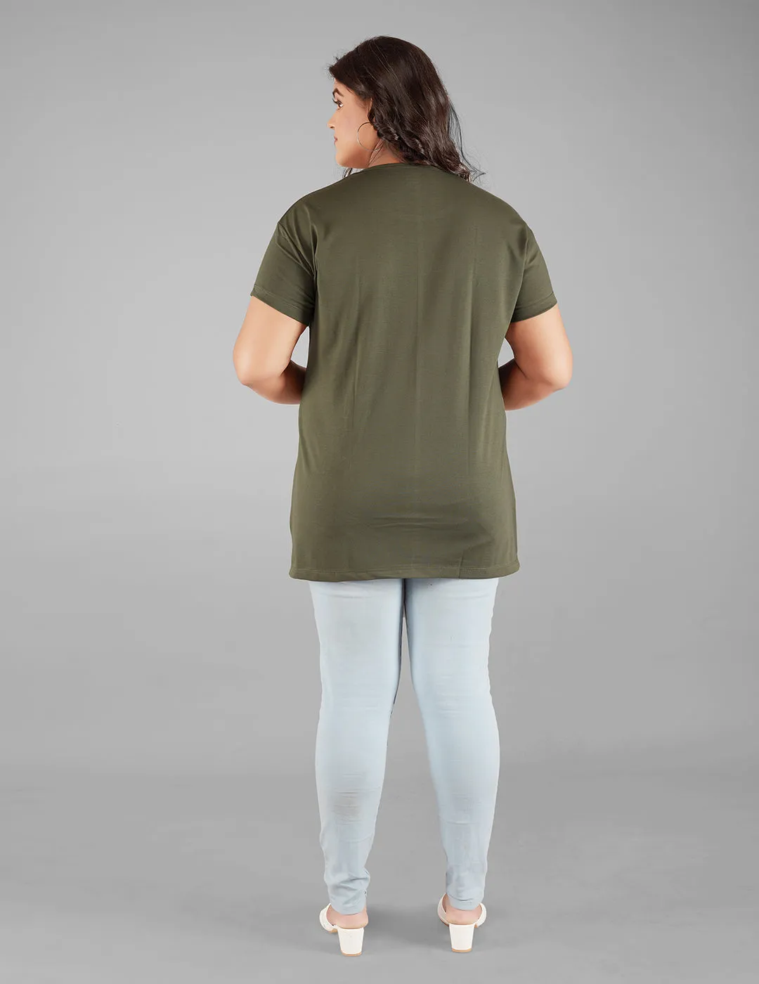 Plus Size Plain Cotton T-Shirt For Women - Olive Green