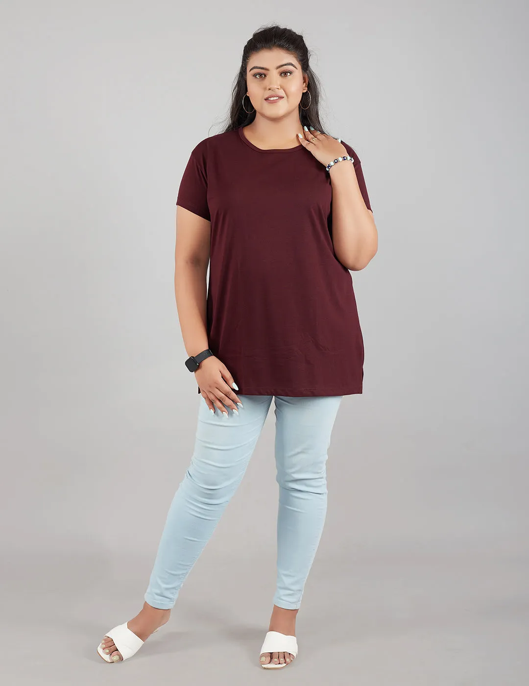 Plus Size Plain Cotton T-Shirt For Women - Wine