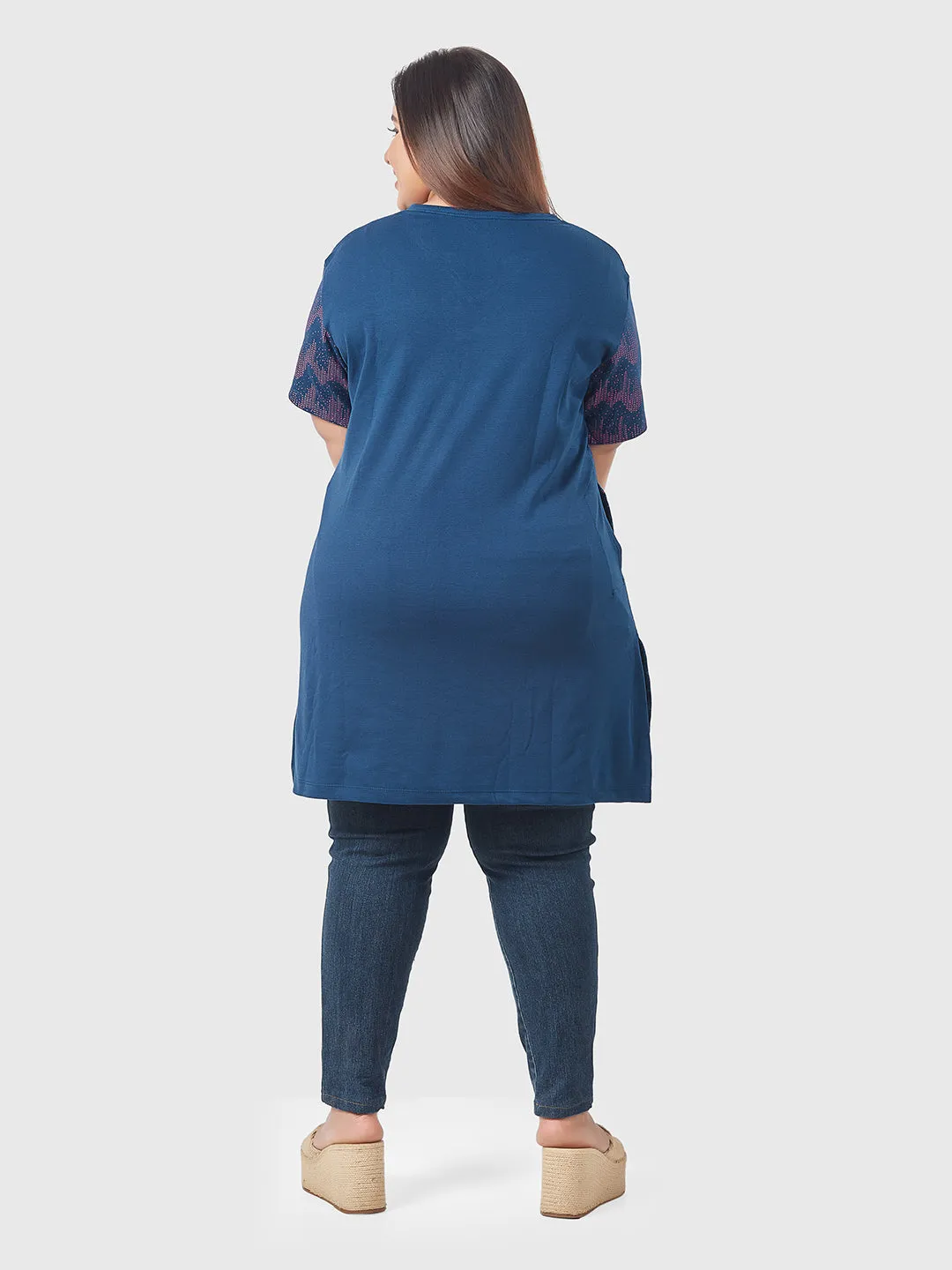 Plus Size Printed Long Tops For Women Half Sleeves - Blue