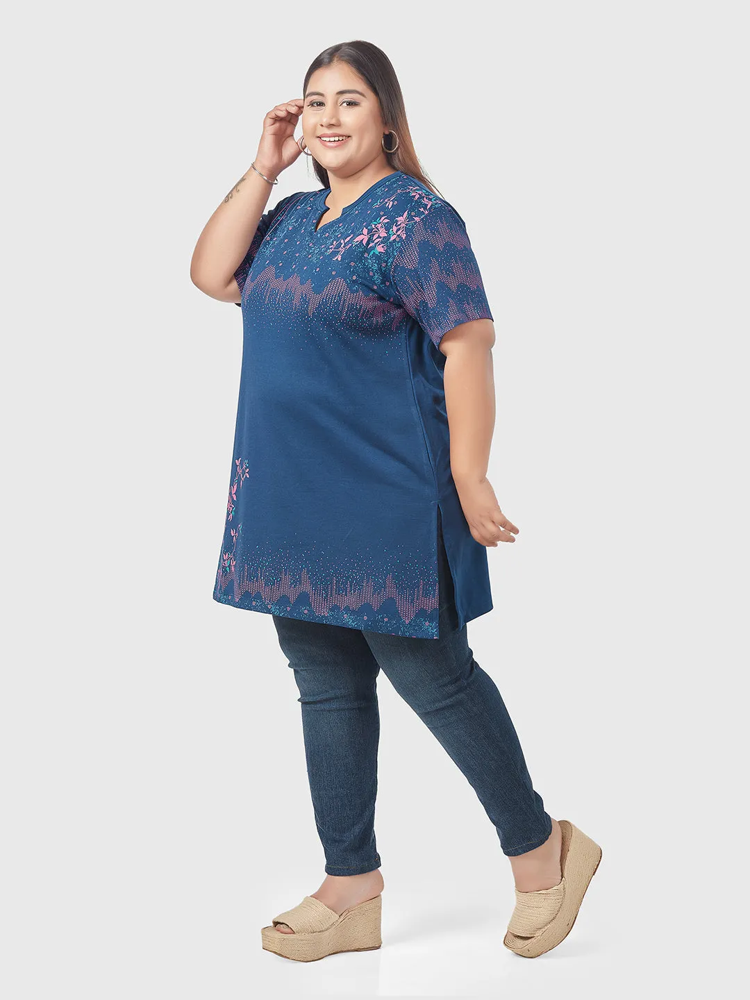 Plus Size Printed Long Tops For Women Half Sleeves - Blue