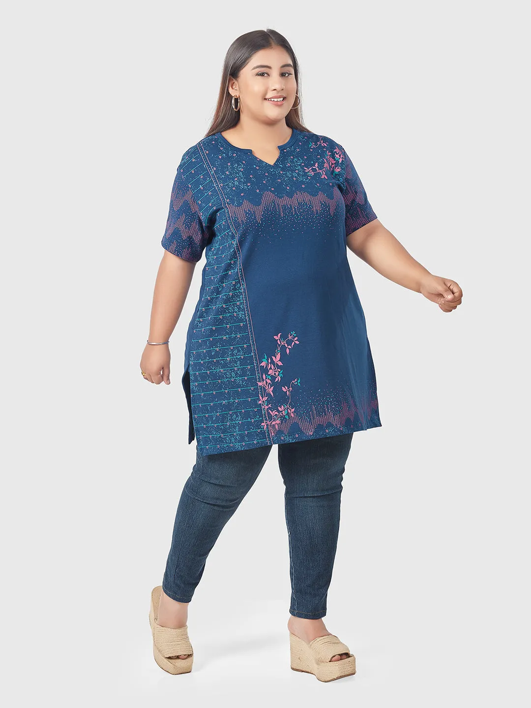 Plus Size Printed Long Tops For Women Half Sleeves - Blue