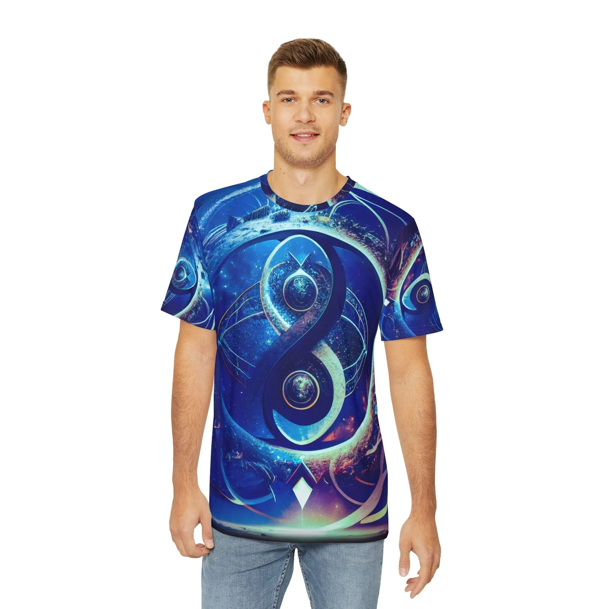 Sacred Geometry Infinity Blue "Perfect Balance" - All Over Print (AOP) / Sublimation Design - Digital AI Art T-Shirt for Street or Festival Wear