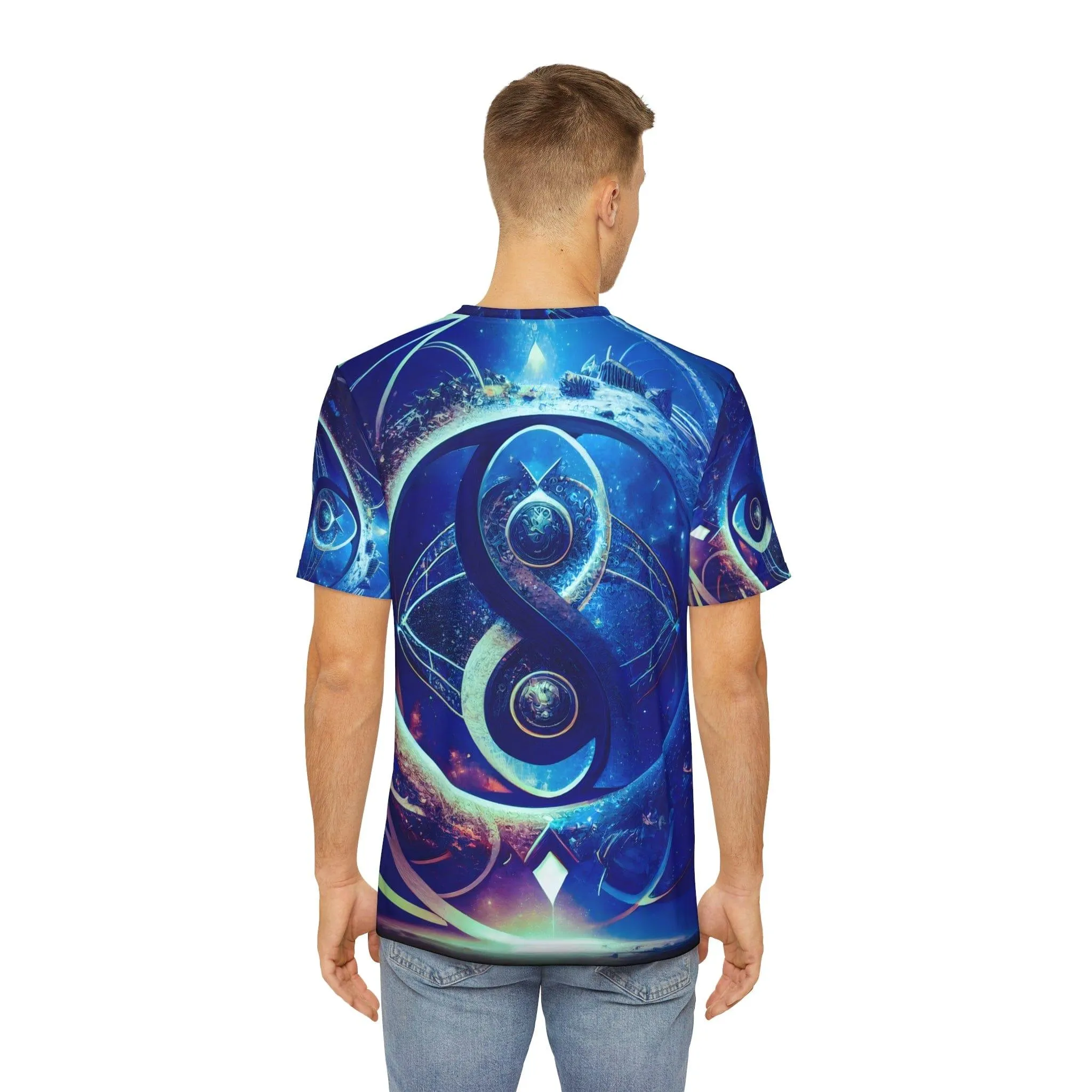 Sacred Geometry Infinity Blue "Perfect Balance" - All Over Print (AOP) / Sublimation Design - Digital AI Art T-Shirt for Street or Festival Wear