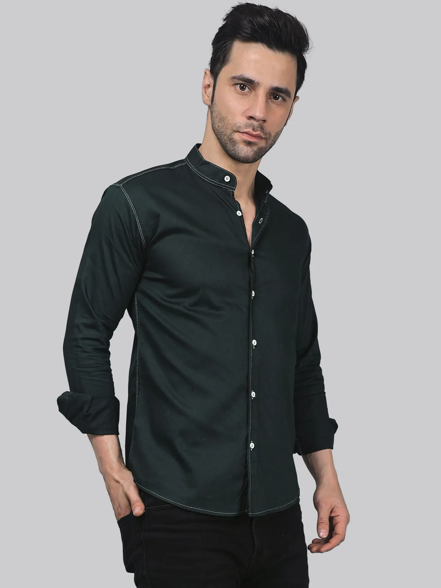 Streetwise TryBuy Premium Solid Dark Green Cotton Button-Up Shirt For Men